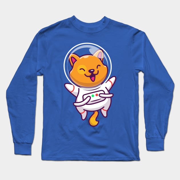 Cute Cat Astronaut Floating In Space Cartoon Long Sleeve T-Shirt by Catalyst Labs